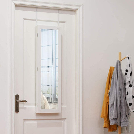 Full Length Mirror Jewelry Cabinet with Ring Slots and Necklace Hooks-White - Color: White