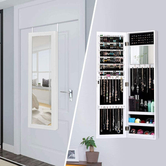 Full Length Mirror Jewelry Cabinet with Ring Slots and Necklace Hooks-White - Color: White