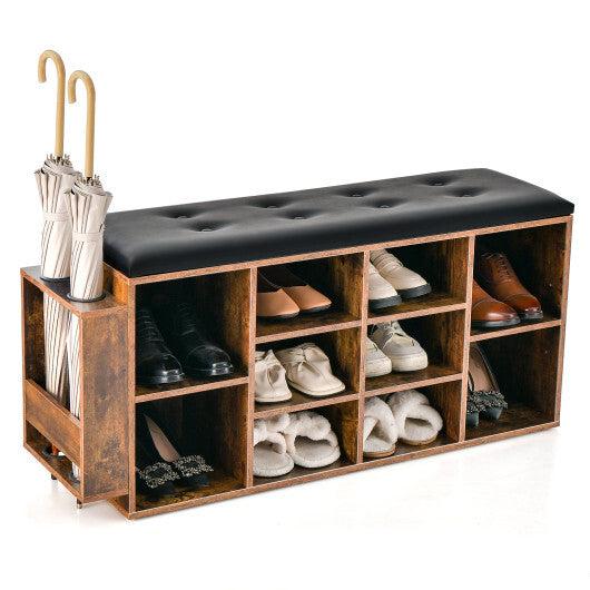 Shoe Storage Bench with Umbrella Stand and Adjustable Shelf-White