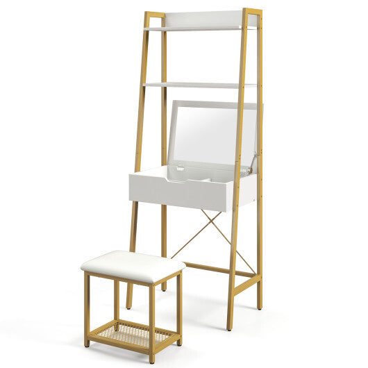 Ladder Vanity Desk Set with Flip Top Mirror and Cushioned Stool-Black