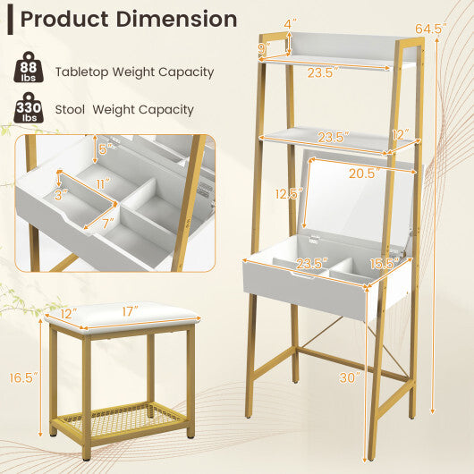 Ladder Vanity Desk Set with Flip Top Mirror and Cushioned Stool-Black