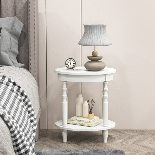 2-Tier Oval Side Table with Storage Shelf and Solid Wood Legs-Espresso