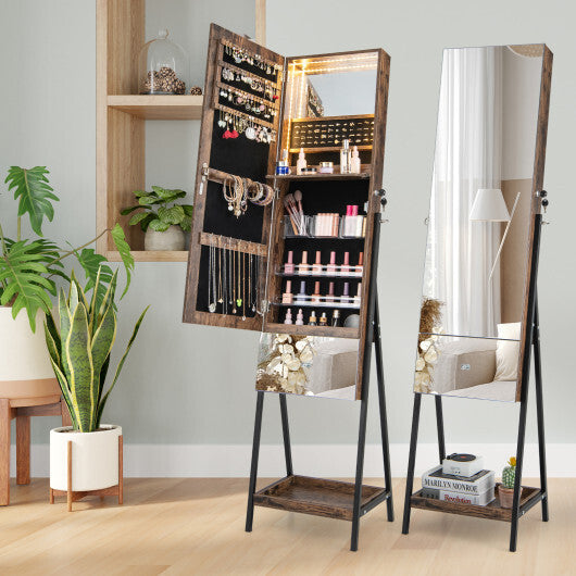 Lockable Freestanding Jewelry Organizer with Full-Length Frameless Mirror-White