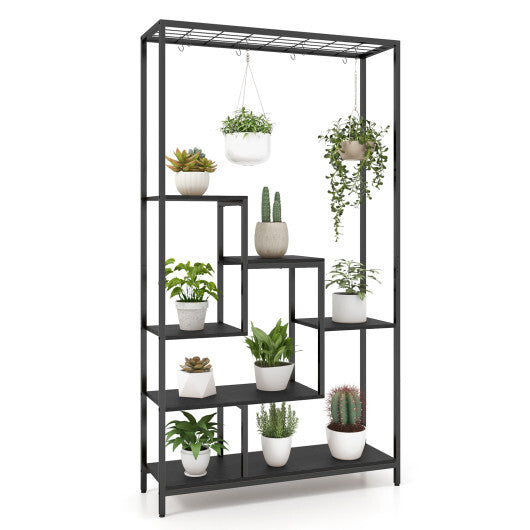 6-Tier Tall Plant Stand 71 Inch Metal Indoor Plant Shelf with 10 Hanging Hooks-Rustic Brown