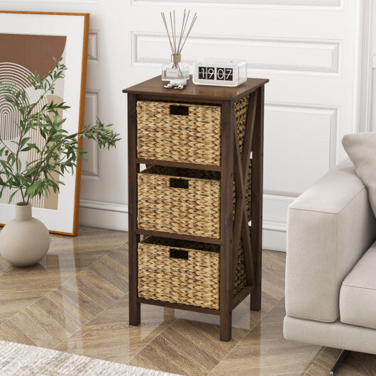 4-Tier Nightstand with 3 Seagrass Baskets Narrow X-Design-4 Tier-White