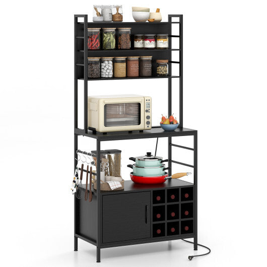 Coffee Bar Cabinet with S-Shaped Hooks and Wine Bottle Holders-Rustic Brown