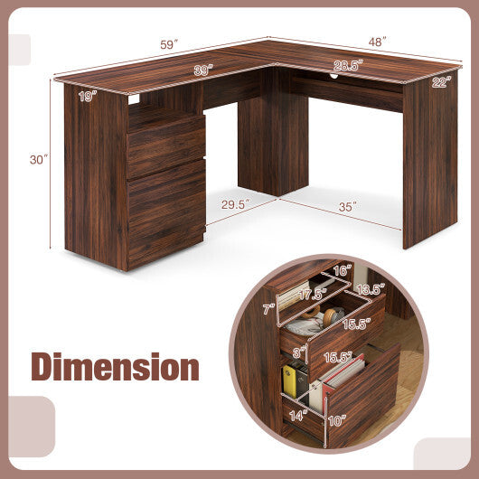 L-Shaped Computer Desk with Letter File Drawer-White