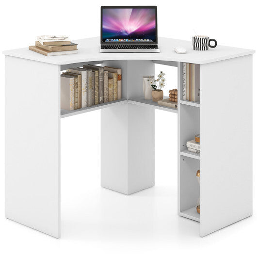 Corner Computer Desk Triangle Home Office Desk with Adjustable Shelf and Arc-Shaped Profile-White