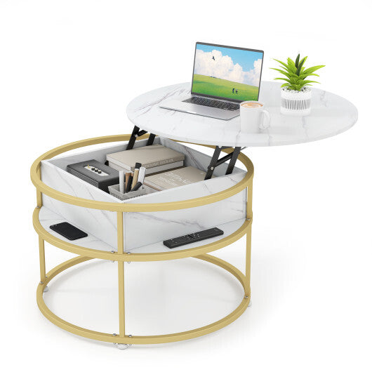 31.5 Inch Round Lift Top Coffee Table with Hidden Compartment and Side Shelves-Teak
