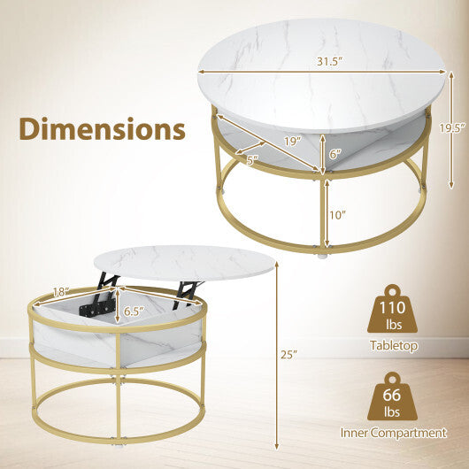 31.5 Inch Round Lift Top Coffee Table with Hidden Compartment and Side Shelves-Teak