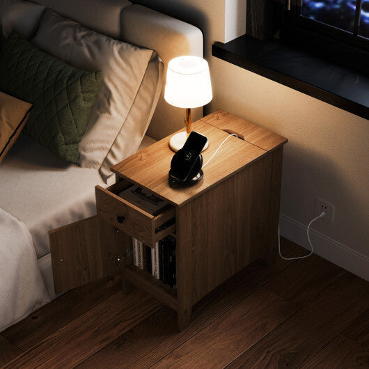 Flip Top End Table with Charging Station USB Ports Outlets and Drawer-White