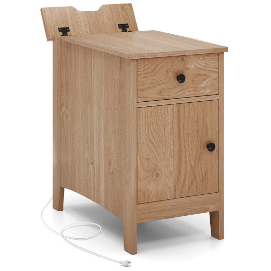 Flip Top End Table with Charging Station USB Ports Outlets and Drawer-White