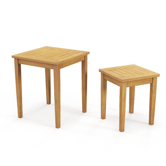 2 Pieces Space Saving Design Teak Wood Outdoor Patio Nesting Table