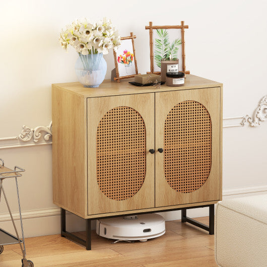 Buffet Cabinet Rattan Storage Cabinet with 2 Doors and Adjustable Shelf-Natural