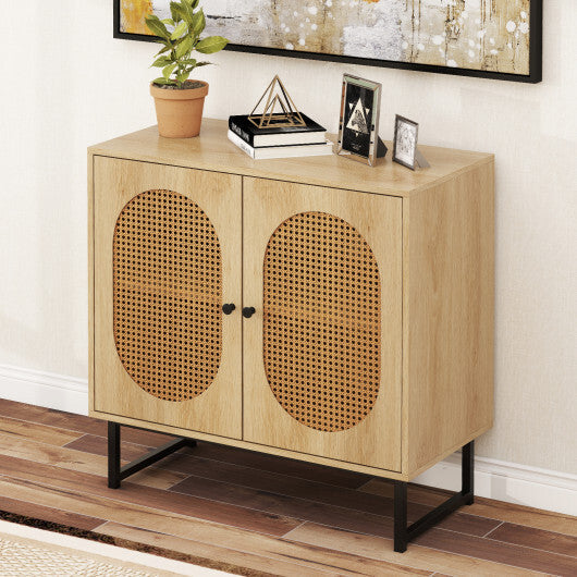 Buffet Cabinet Rattan Storage Cabinet with 2 Doors and Adjustable Shelf-Natural