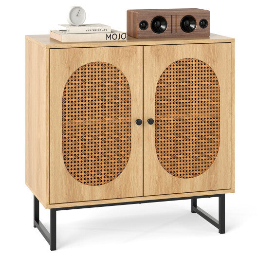 Buffet Cabinet Rattan Storage Cabinet with 2 Doors and Adjustable Shelf-Natural
