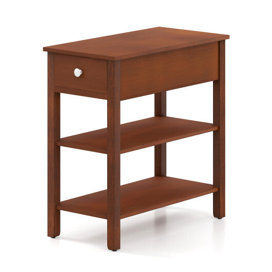 3-Tier Narrow End Table with Drawer and Storage Shelves-Walnut