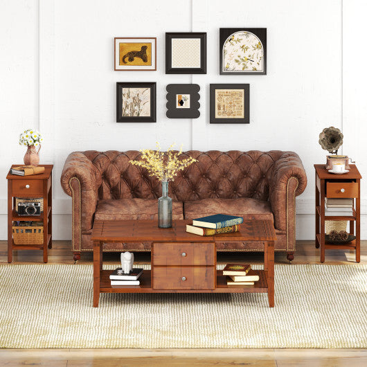 3-Tier Narrow End Table with Drawer and Storage Shelves-Walnut