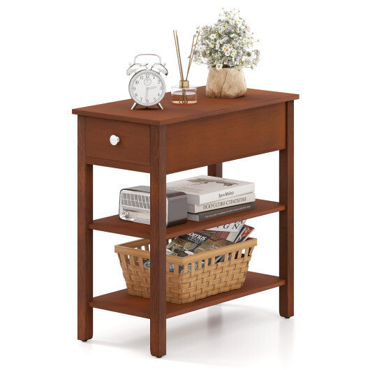 3-Tier Narrow End Table with Drawer and Storage Shelves-Walnut