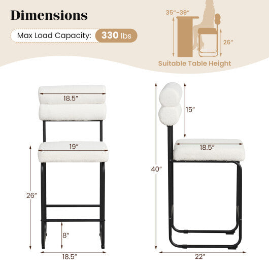 26 Inch Counter Height Bar Stools Set of 2 with Metal Frame and Footrest-White