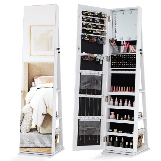 360 Swivel Jewelry Cabinet with Full Length Mirror-White