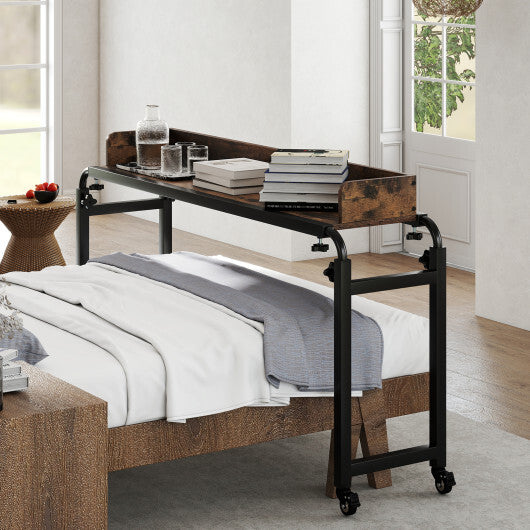 Overbed Desk with Wheels Queen Size Mobile Bed Desk with Adjustable Height-Brown