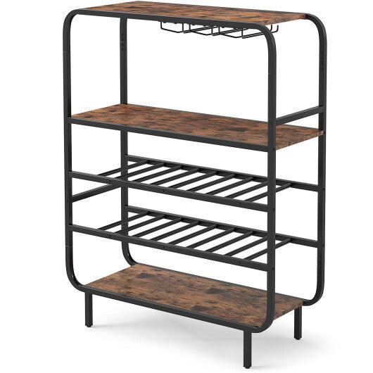 16 Bottle Wine Rack with 5-Tier Wine Shelf and Glass Holders for Kitchen Bar-Rustic Brown