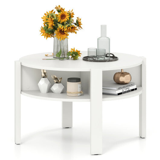 29.5 Inch Round Coffee Table with Storage Shelves for Small Space-Rustic Brown