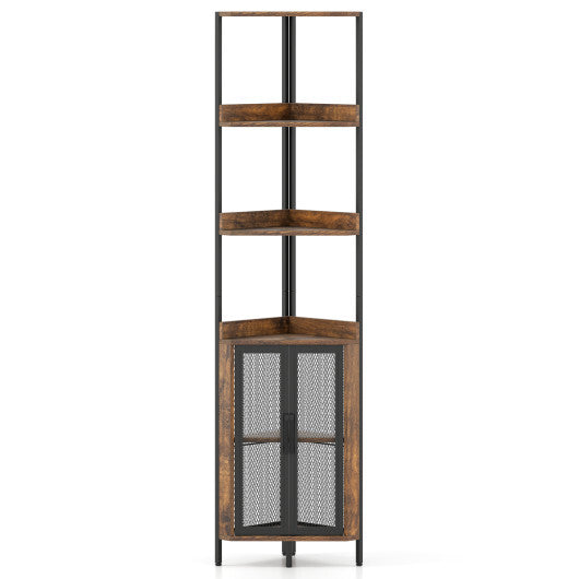 6-Tier Corner Shelf 67 Inches Tall Corner Bookshelf with Cabinet Industrial Bookcase-Brown