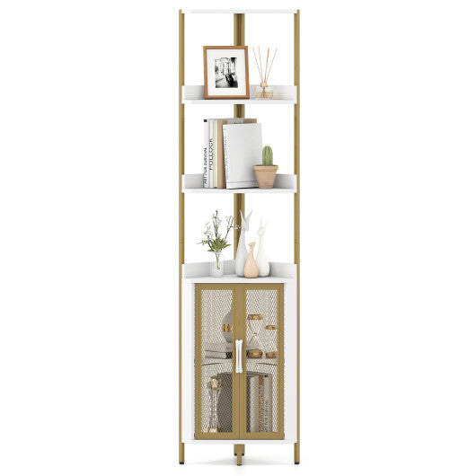 6-Tier Corner Shelf 67 Inches Tall Corner Bookshelf with Cabinet Industrial Bookcase-Brown