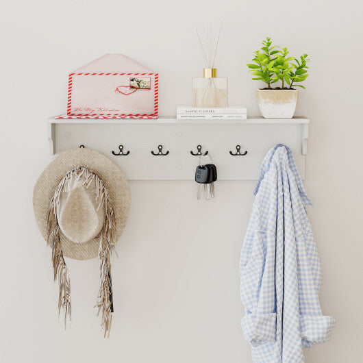 Wall Hooks with Shelf 31.5inch Wooden Coat Rack with 6 Hooks for Hats Towels Purses Robes-Natural