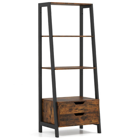 4-Tier Ladder Shelf with 2 Drawers 52.5 Inch Tall Freestanding Bookcase-White
