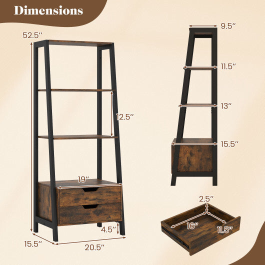 4-Tier Ladder Shelf with 2 Drawers 52.5 Inch Tall Freestanding Bookcase-White