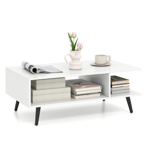 Mid Century Modern Rectangle Coffee Table 2-Tier Accent Table with 2 Open Compartments-Rustic Brown