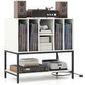 Record Player Stand with Charging Station and Metal Frame-White