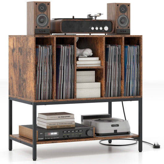 Record Player Stand with Charging Station and Metal Frame-White