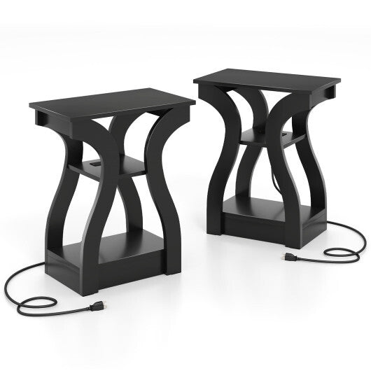 3-Tier End Tables with Charging Station Set of 2 with Open Storage Shelves-Cherry