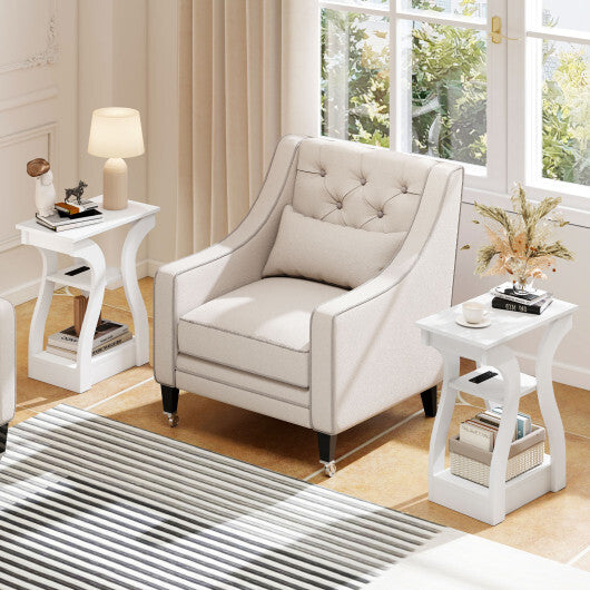 3-Tier End Tables with Charging Station Set of 2 with Open Storage Shelves-Cherry
