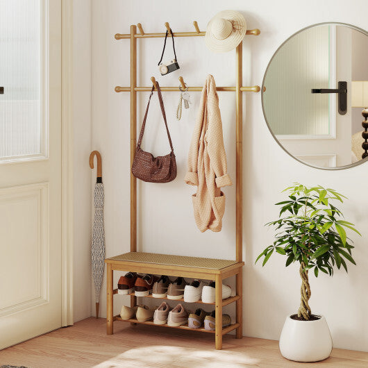 Bamboo Coat Rack PE Rattan Hall Tree with Bench and Shoe Storage 3-In-1 Entryway Bench-Brown
