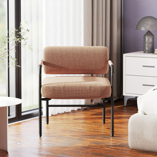 Velvet Upholstered Accent Chair with Cylindrical Backrest and Metal Armrests-Brown