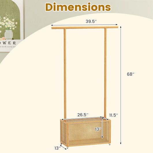 Bamboo Clothes Rack with Rattan Storage Basket and Wheels-Natural