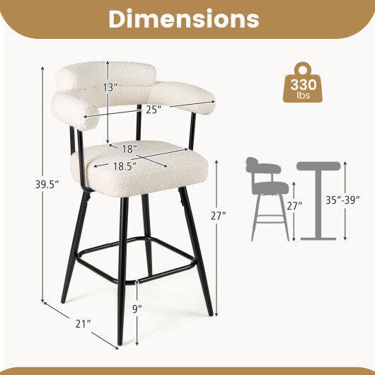 Swivel Bar Stool Set of 2 Counter Height Chairs with Curved Back and Arms-White
