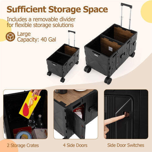 Large Foldable Utility Cart with 2-Tier Storage Crates and Telescoping Handle-White