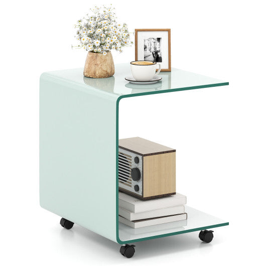 C-Shaped End Table Modern Tempered Glass Side Table with Shelf-White