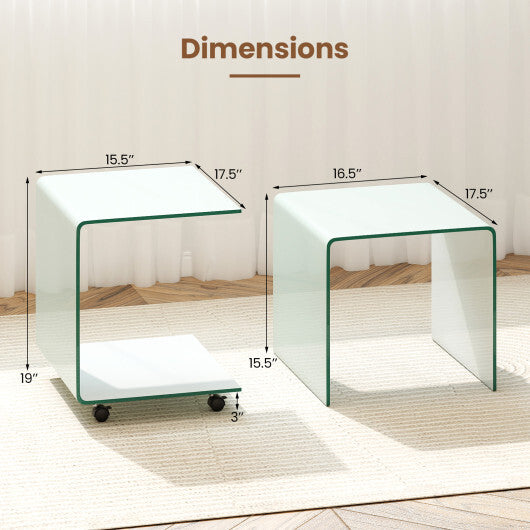 C-Shaped End Table Modern Tempered Glass Side Table with Shelf-White