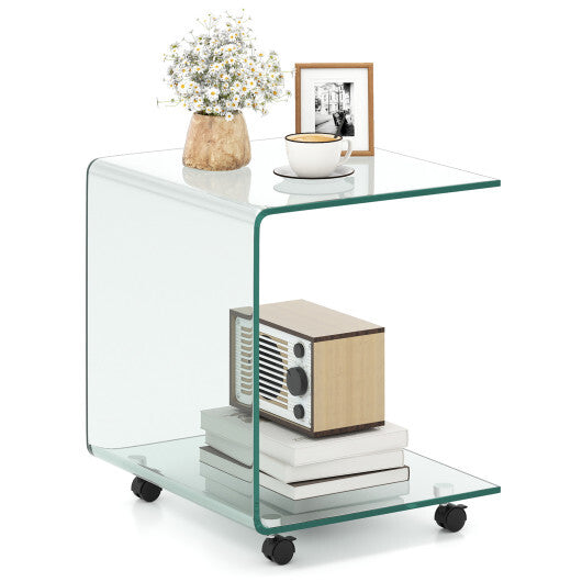 C-Shaped End Table Modern Tempered Glass Side Table with Shelf-White