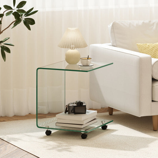 C-Shaped End Table Modern Tempered Glass Side Table with Shelf-White