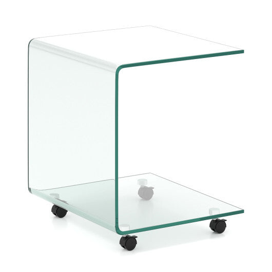 C-Shaped End Table Modern Tempered Glass Side Table with Shelf-White