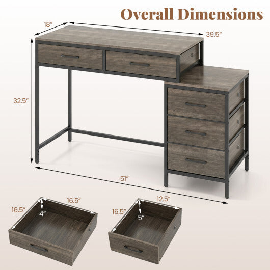 Computer Desk with 5 Drawers and Printer Stand for Bedroom and Small Spaces-Rustic Brown
