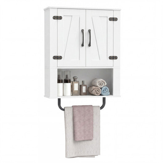 Bathroom Wall Cabinet with 2 Barn Doors and Towel Bar and 3-Tier Wooden Storage-White